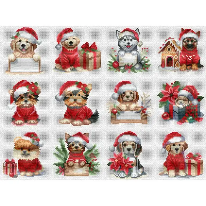 12 pièces chien point de croix modèles animaux 11Ct tissu imprimé Kits de broderie fil de coton pein