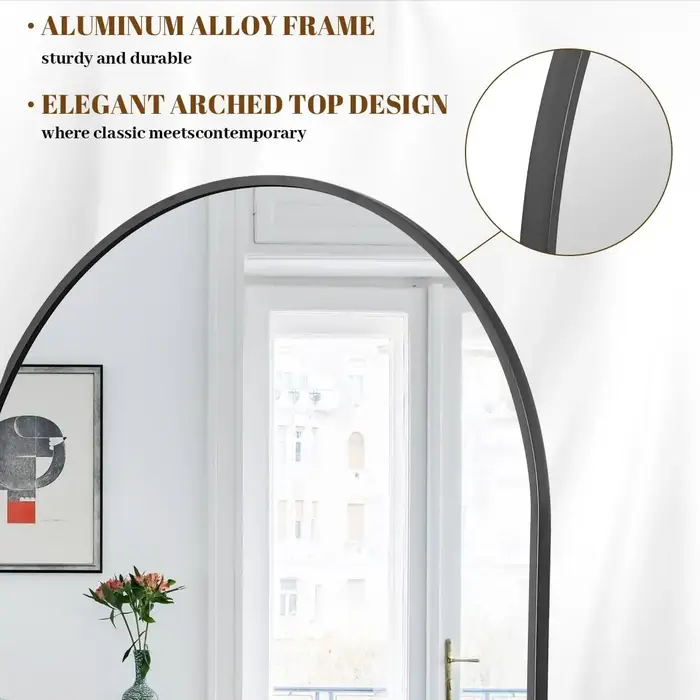 Miroir pleine longueur arqué, grand miroir de sol avec cadre en alliage d'aluminium, miroir sur pied