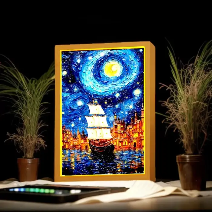 Peinture lumineuse cadre photo Led veilleuse lune lampe Van Gogh ciel étoilé mur Art Oficina chambre
