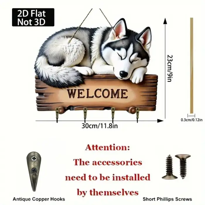 Porte-clés en bois à motif de chien Husky 2D avec quatre crochets métalliques, adapté à la maison, a