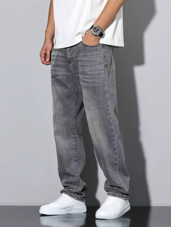 Jean gris slim droit pour hommes, design droit et simple, adapté à un usage quotidien en toutes sais