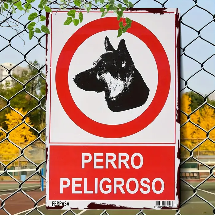 Panneau en métal « Avertissement de chien dangereux » - Texte bilingue espagnol/anglais rouge et bla