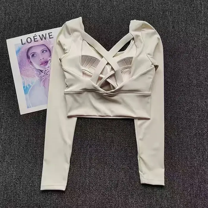 Dos nu, avec coussinets de poitrine, T-shirt de Yoga à manches longues antichoc, haut de sport respi
