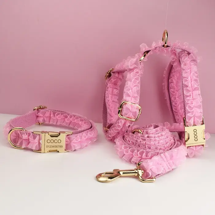 Collier pour chien en dentelle rose gravé sur mesure - Harnais personnalisé pour animaux de compagnie