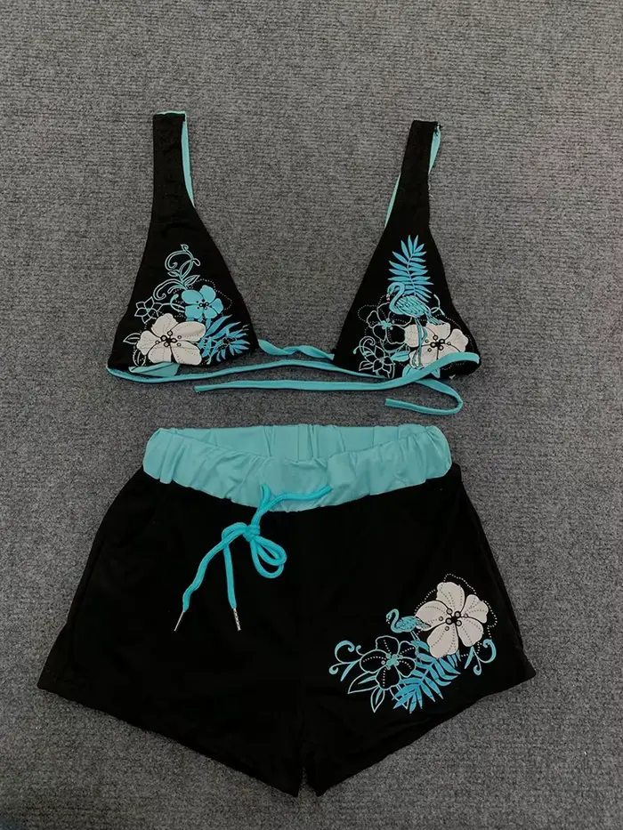 Été plage Ins mode chaude Sexy dames fendu deux pièces Bikini beau Vintage contraste fleur imprimé s