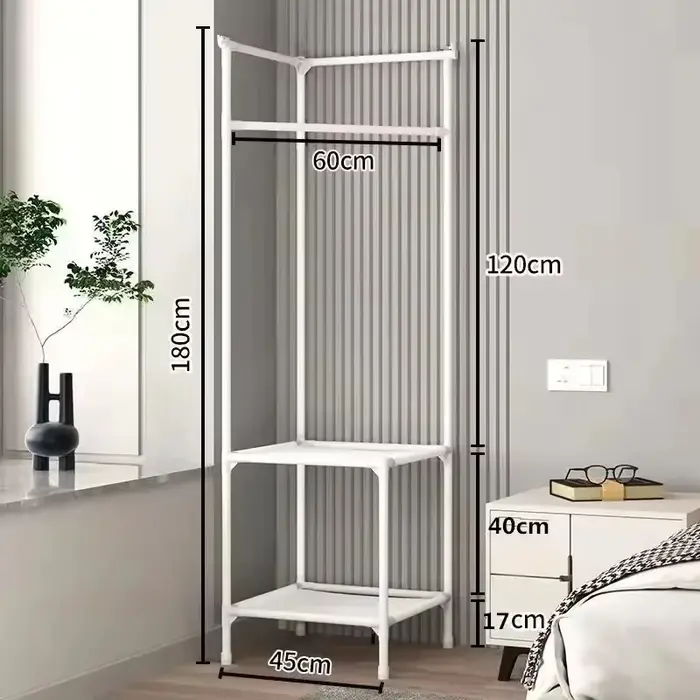 Porte-manteau d'angle multifonctionnel à plusieurs niveaux, sur pied, avec étagère de rangement pour
