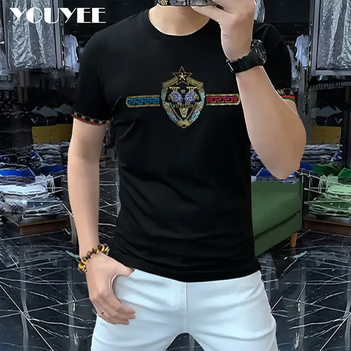 T-shirt lettre aigle pour hommes, t-shirts ajustés pour hommes, vêtements de mancommuniste filetées,