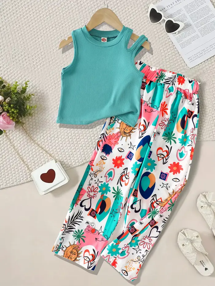 Ensemble de vêtements d'été pour adolescentes, débardeurs côtelés à épaules dénudées et pantalons im