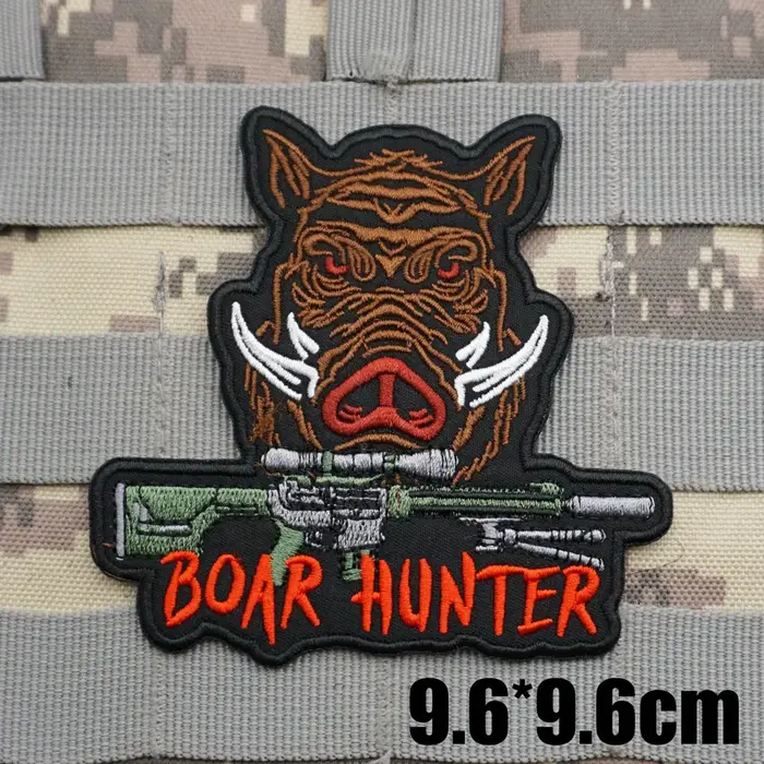Patchs brodés tactiques militaires de chasseur de sanglier, Badge de sac à dos avec support à croche