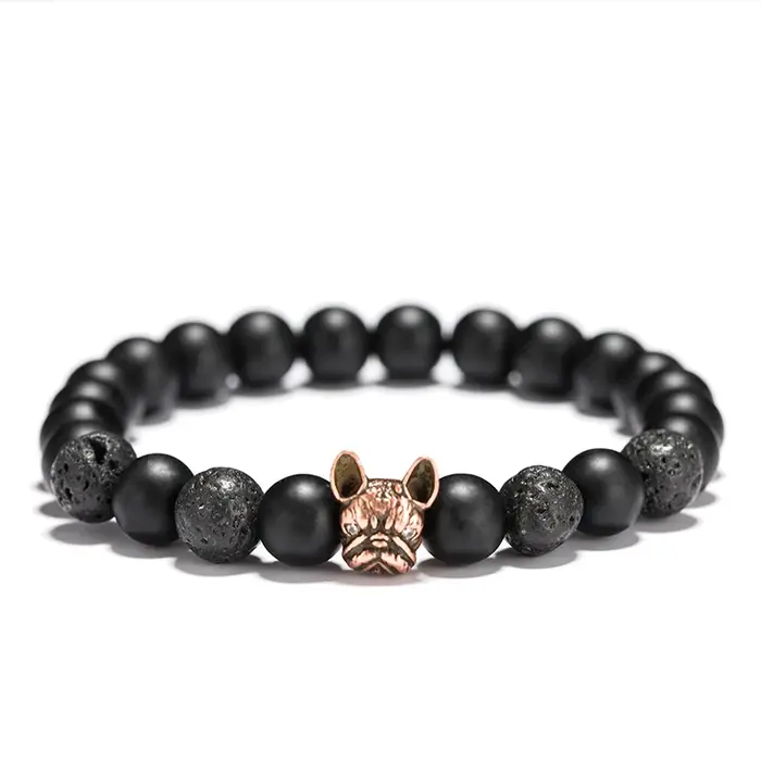 Noter-Bracelet Bouledogue Français pour Homme, Perles de Cuivre Vintage, Onyx Naturel, Pierre de Lav