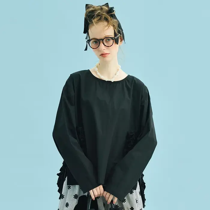 Imakokoni 2025 printemps Original coton lavé dentelle col rond chemise 244929