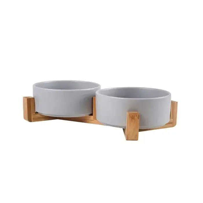 Bol en céramique pour animaux de compagnie avec support en bois, double bol anti-déversement pour no