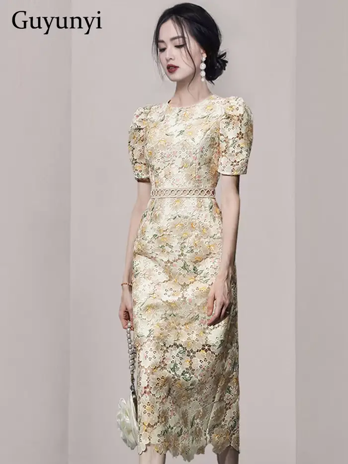 Robe fourreau en dentelle vintage pour femme, broderie florale, col rond, manches bouffantes, taille