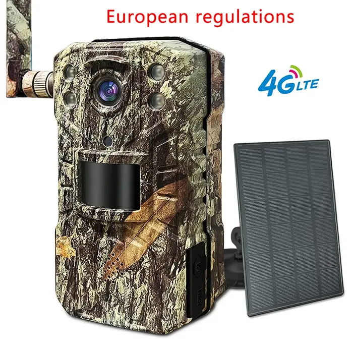 Caméra de chasse solaire 4G LTE avec prise EU, 14MP, carte SIM 4G, détection de mouvement PIR 20M, c