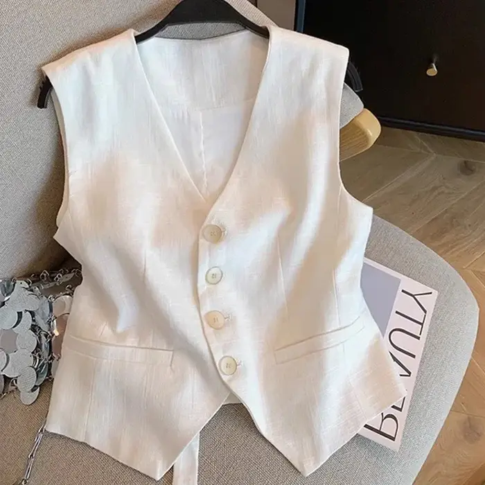 Gilet français en lin blanc à col en v pour femme, nouvelle mode d'été, costume haut de gamme sans manches, taille chic, haut de tempérament amincissant.