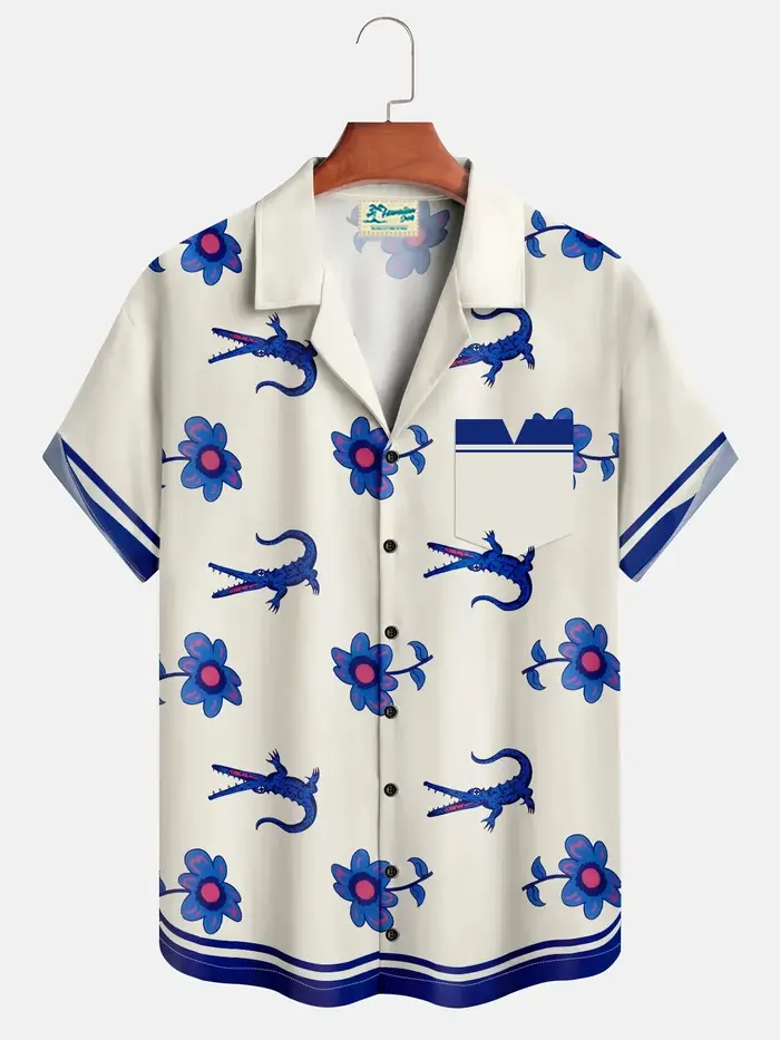 Chemise Crocodile florale pour hommes, chemise hawaïenne d'été à manches courtes, chemise à revers, 