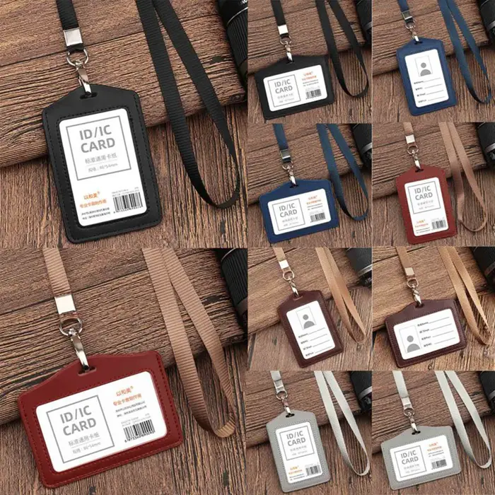 Porte-badge en cuir pour carte d'identité professionnelle avec cordon de cou, étui pour carte de crédit et carte d'identité nominative