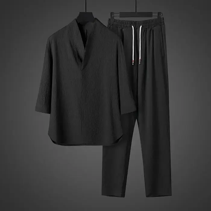 Ensemble Homme Printemps-Été Léger Deux Pièces en Soie Glacée : Haut Boutonné à Col en V et Manches 