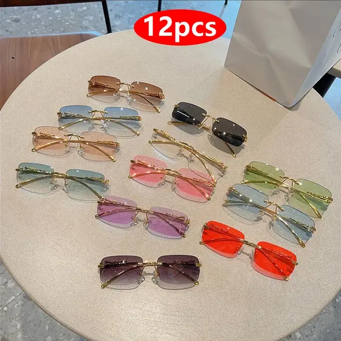Lunettes de soleil rectangulaires sans monture 12 pièces Y2K léopard unisexe UV400 chasse accessoire