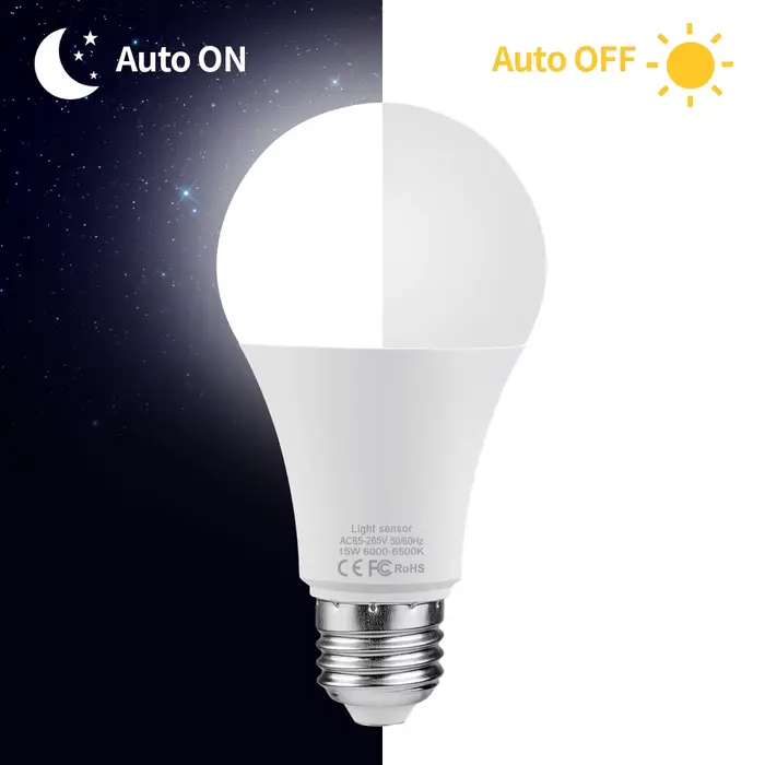 Ampoule LED E27 du crépuscule à l'aube, 15W, avec capteur de lumière, lampe intelligente, interrupte