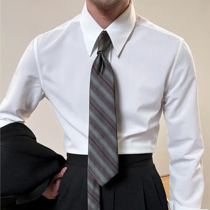 Chemise habillée formelle pour homme, style français, col long, en coton blanc infroissable, avec po