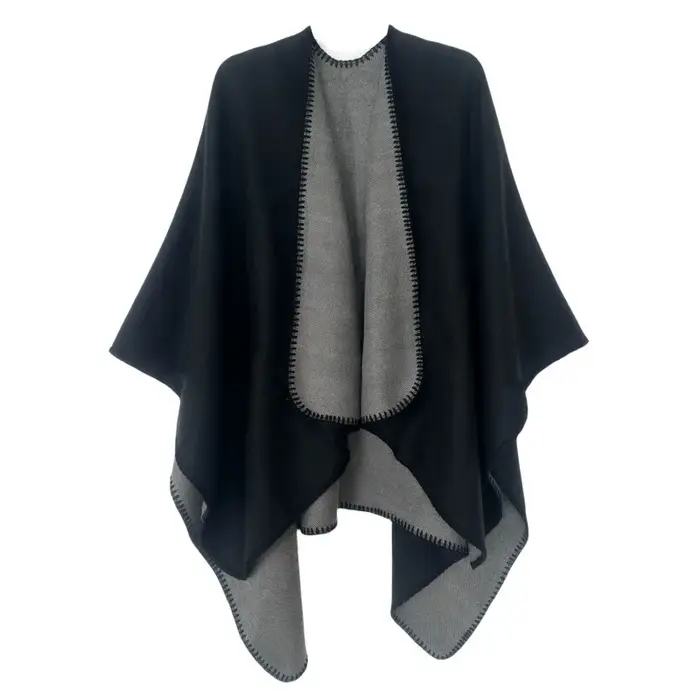 Châle fendu Double face en Imitation cachemire, couleur unie, ourlet, noir et gris, automne et hiver