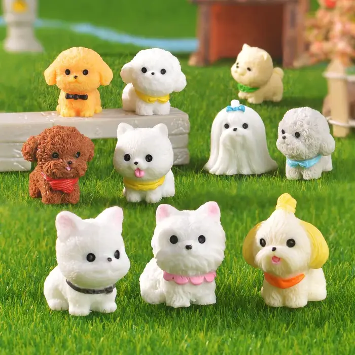 3 pièces mignon dessin animé bavoir chiot Mini résine Figurines jardin mousse Miniature paysage bricolage ornement voiture bureau chien animaux décorations
