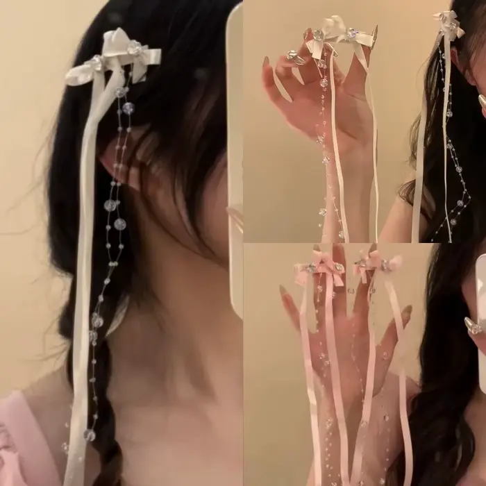 Pince à cheveux avec pompon en ruban de verre perlé pour femmes, mode coréenne Y2K, épingle à cheveu