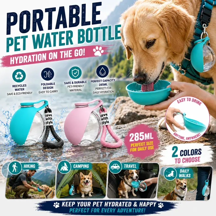 Bouteille d'eau portable pour chien avec bol, distributeur d'eau anti-fuite pour animaux de compagnie, pour les promenades en plein air, la randonnée et les voyages, avec cordon.