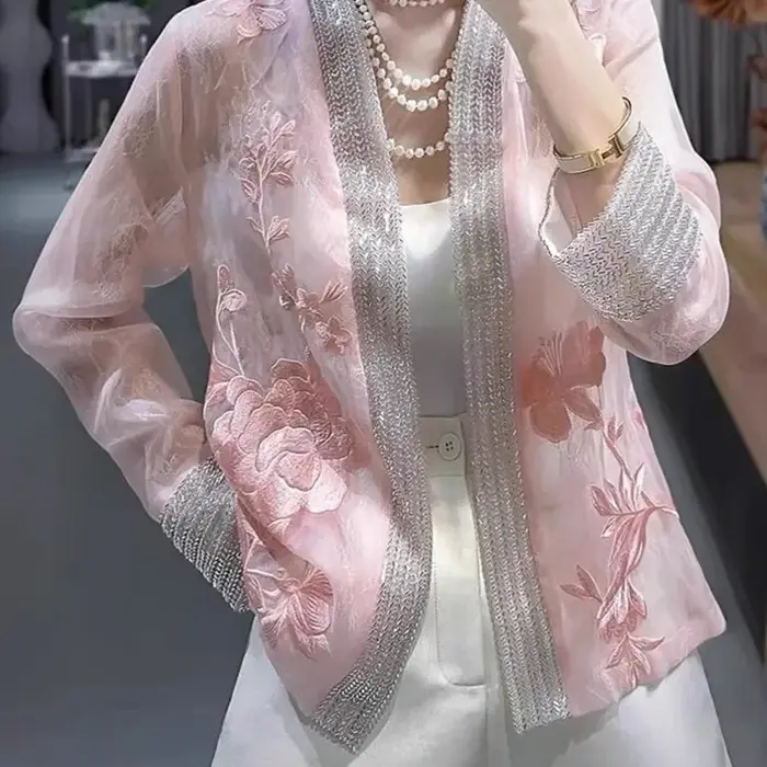 Printemps/été nouveau chinois femmes vêtements perle broderie rétro ample décontracté crème solaire 