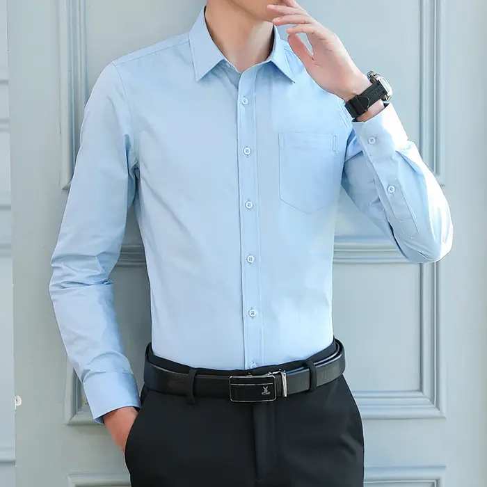 Chemise habillée décontractée bleue à manches longues pour homme, de haute qualité, printemps-été, p