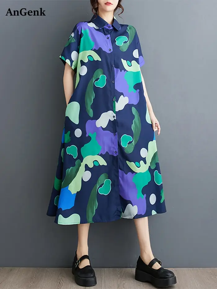 Robe chemise Vintage imprimée Patchwork pour femmes, manches courtes, ample, décontractée, mi-longue