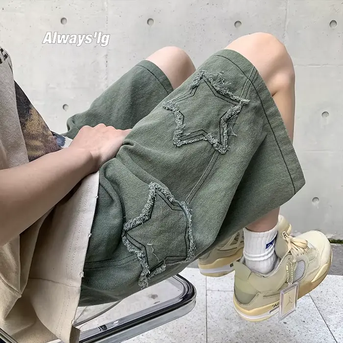 Short en denim patchwork étoile vintage pour hommes, pantalon court chic, all-match, Ulzzang Leisure