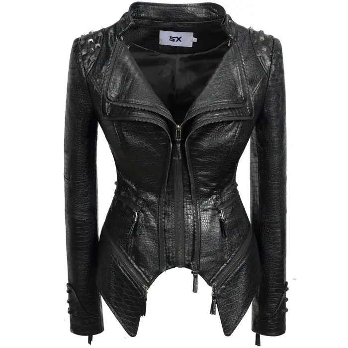 Mode SX femmes Crocodile Rivet PU veste forme parfaite moto vélo veste