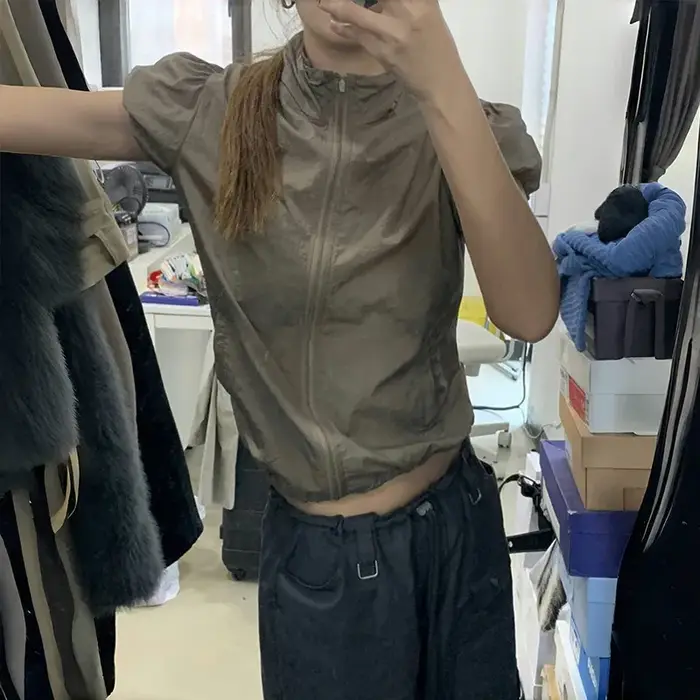 Karr233-T-shirt Cargo Japonais Y2k, Veste Fine à Manches Courtes avec Fermeture Éclair, Protection S