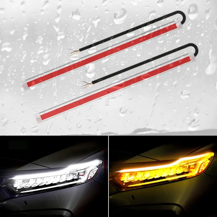 Bande LED dynamique DRL, 2 pièces, clignotant jaune brillant, Flexible, feu de jour pour phare de vo