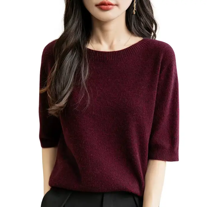 Hauts pour femmes, vêtements 100% laine mérinos, printemps automne hiver, première ligne, prêt à porter, tricoté sans couture, col rond, pull à manches courtes