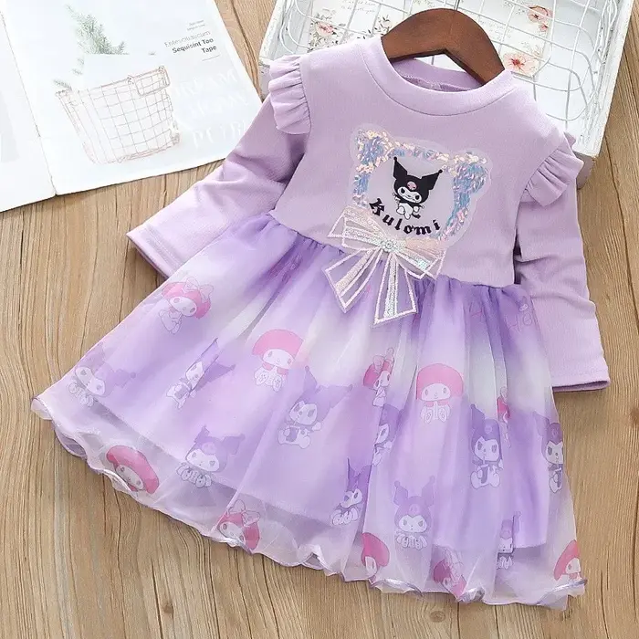 Robe de printemps et d'automne pour filles, en maille, dessin animé Kuromi, robes de princesse à man