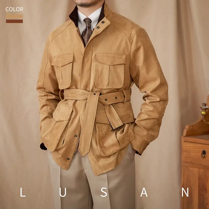 Gentry veste de chasse en daim de style haut ceinture multi-poches chaude coupe ajustée
