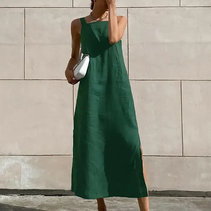 Robe gilet française en coton et lin pour femmes, tenue longue décontractée à bretelles fendues, vêt
