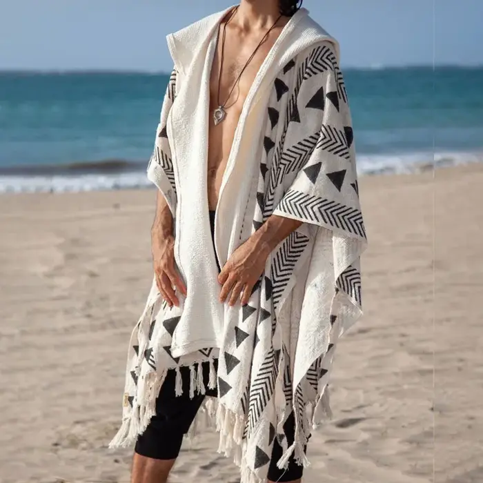 Vêtements de plage à capuche pour hommes, protection solaire, mode décontractée, cape à franges impr