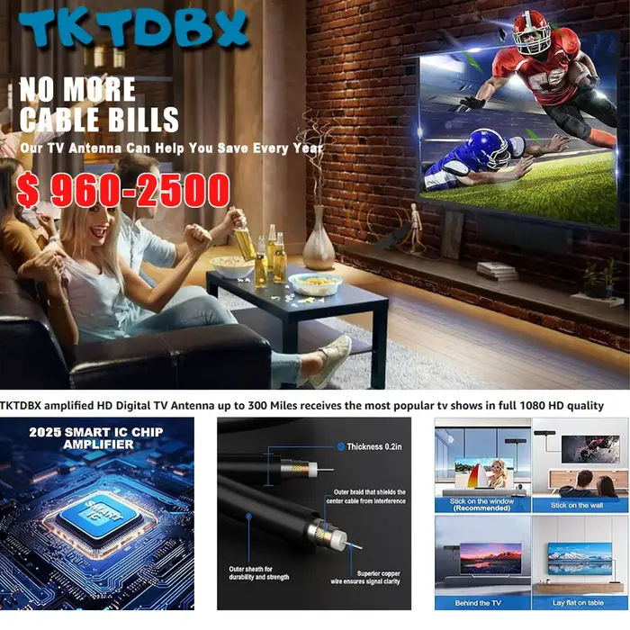 Antenne TV numérique pour Smart TV 4K 1080p HD VHF UHF amplificateur de signal pour chaînes locales installation facile qualité d'image son impeccable pour divertissement à domicile