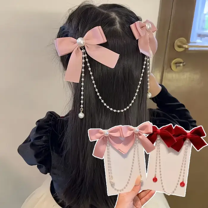 Pince à cheveux avec nœud en chaîne de perles roses, Style princesse doux, épingles à cheveux mignon