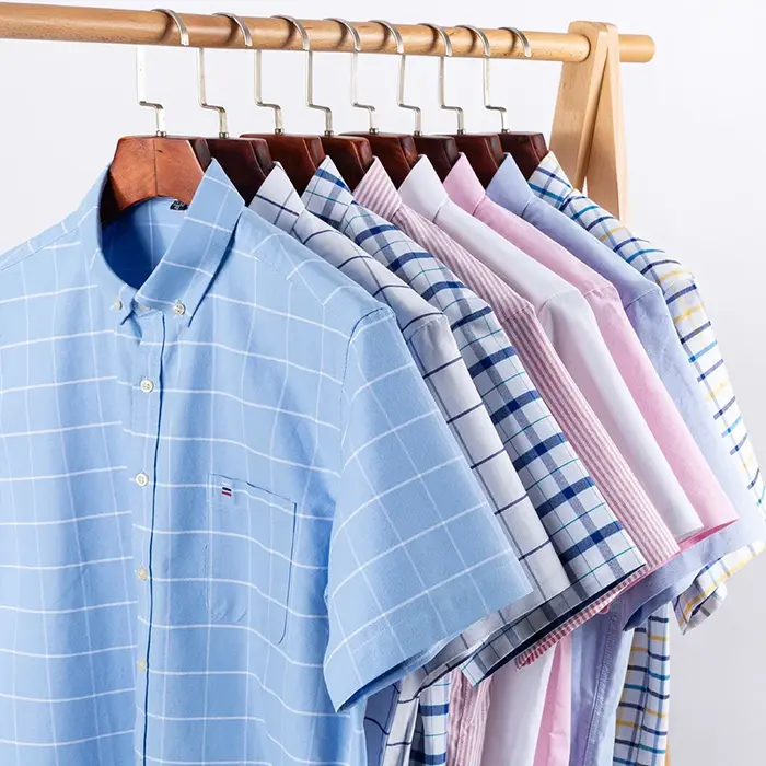 Chemise Oxford à manches courtes pour hommes, 100% coton, vêtements d'été à carreaux rayés, coupe ré