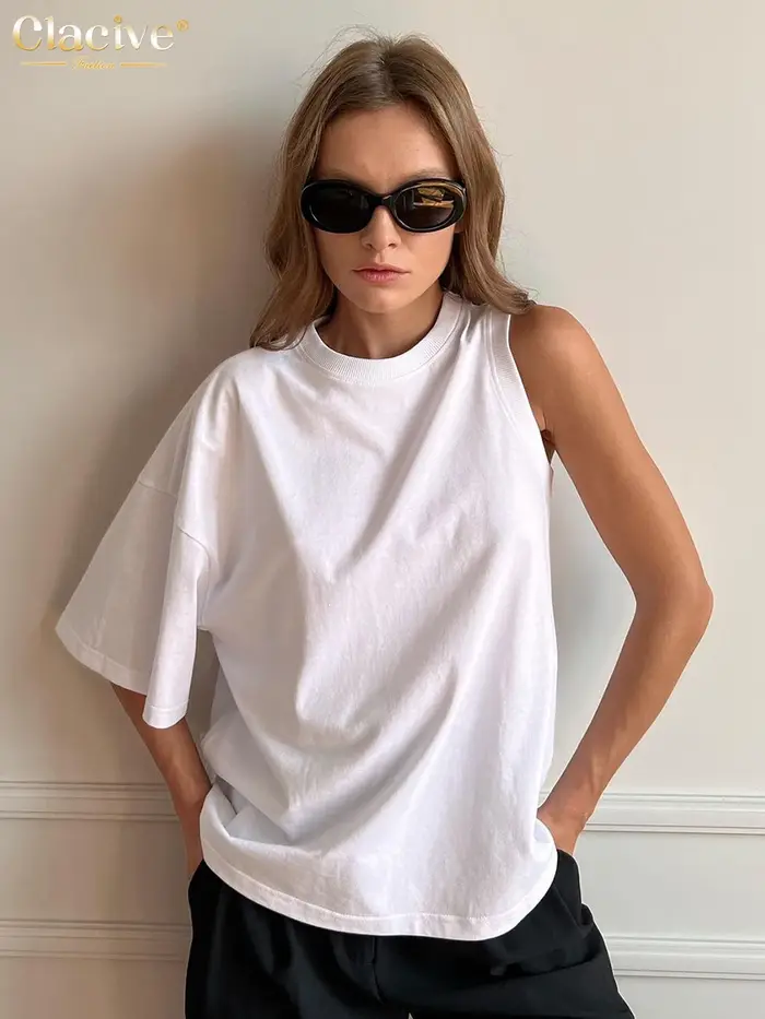 T-shirt manches courtes col rond femme, élégant, Chic, asymétrique, blanc, ample, à la mode, été, 20
