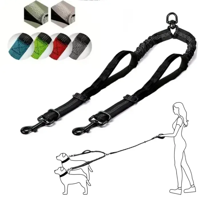 Laisse double pour chien de 1,6 à 2,9 pieds de long, attaches doubles pour l'entraînement des chiens de petite à grande taille, sangle réglable, amortisseur de chocs