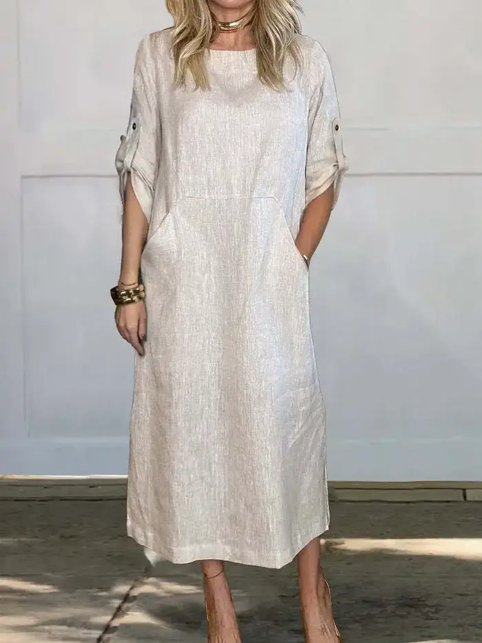 Nouvelle robe pour femmes, été 2024, décontractée, couleur unie, manches courtes, coton et lin, bout