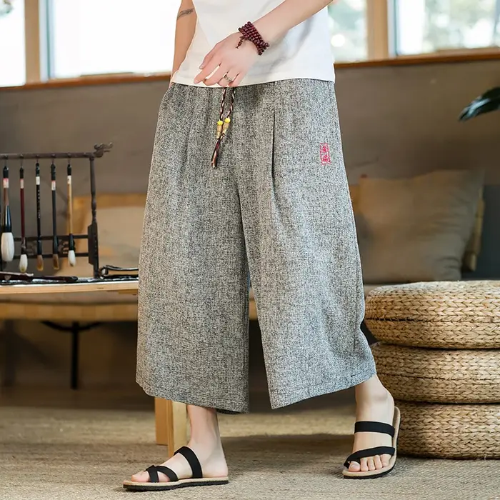 Pantalon Capri Kimono Style japonais pour hommes, taille élastique, Vintage, décontracté, ample, sur