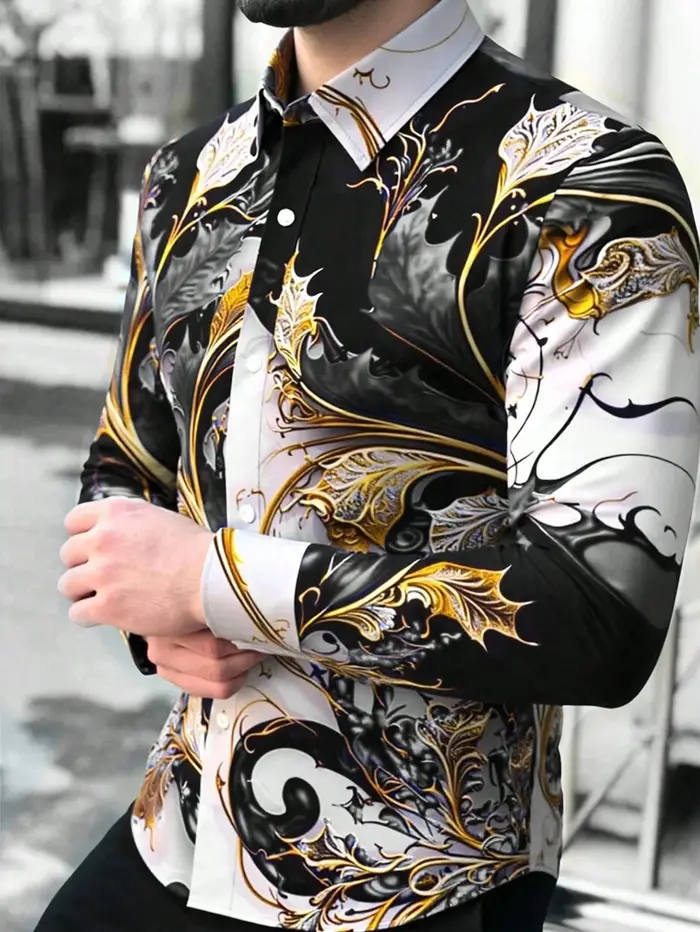 Chemise boutonnée décontractée à motifs géométriques pour hommes – Mélange de polyester, col à rever
