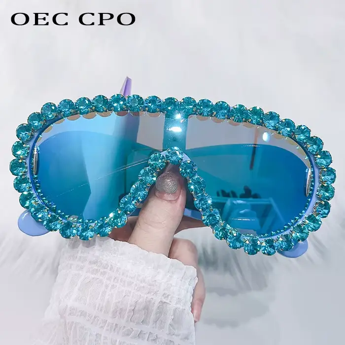 Diamants brillants Y2K lunettes de soleil femmes luxe surdimensionné une pièce lunettes de soleil lu